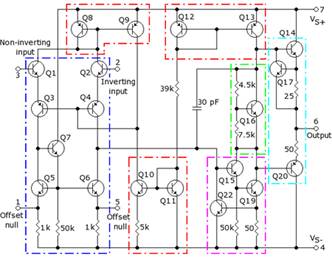 Description: A component level diagram of the common 741 op-amp